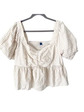 Old Navy Top Women's 2X Gingham Checkered Puff Sleeve Seersucker Babydoll Swing